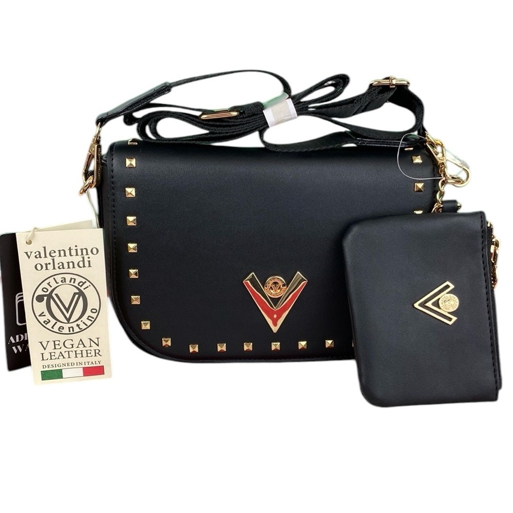 Valentino Orlandi Black Studded Vegan Leather Crossbody Bag and Coin Purse